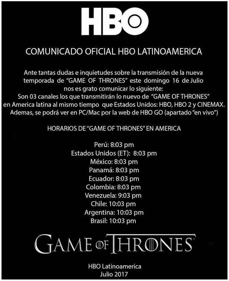 HORARIOS GAME OF THRONES