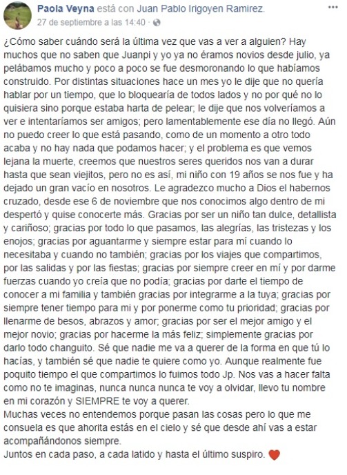 Facebook: carta a joven que murió en terremoto México