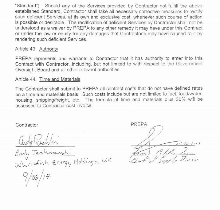 Firma de Ramón Caldas en el primer contrato entre AEE y Whitefish Energy