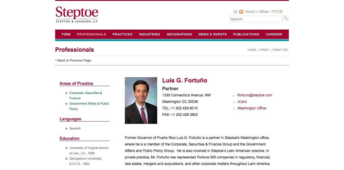 Luis Fortuño es cabildero de la firma Steptoe and Johnson