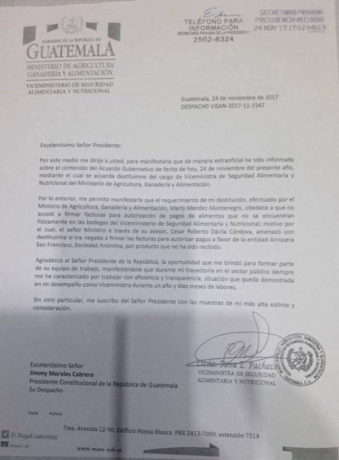 Carta de exviceministra Pacheco Mangandi
