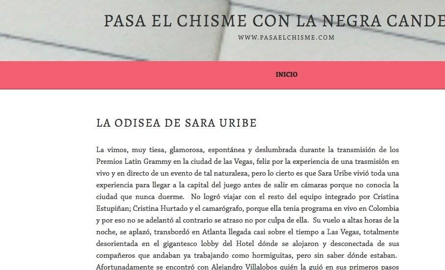 Captura de pantalla página web La Negra Candela