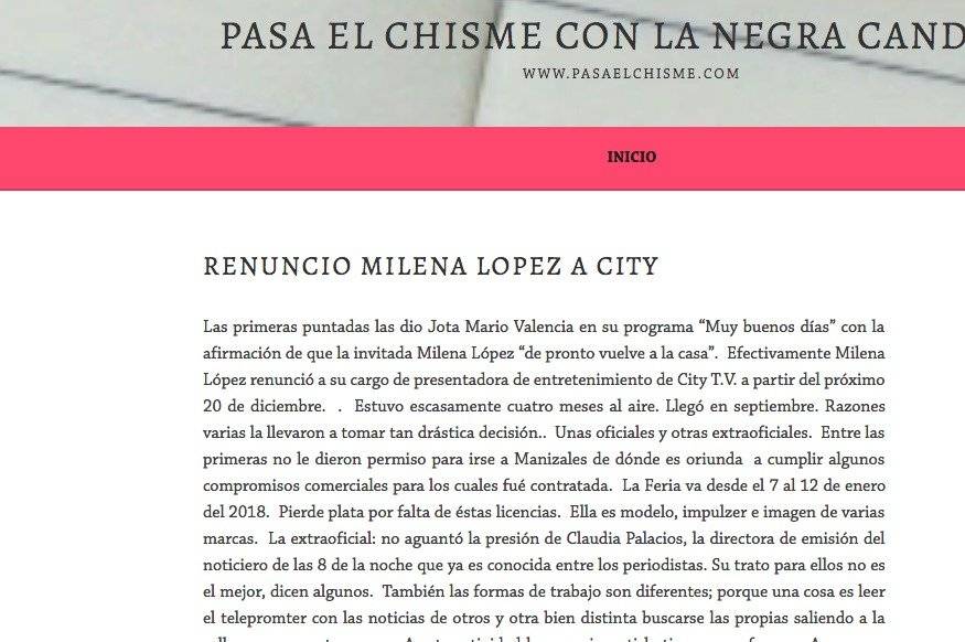 Captura de pantalla página web La Negra Candela