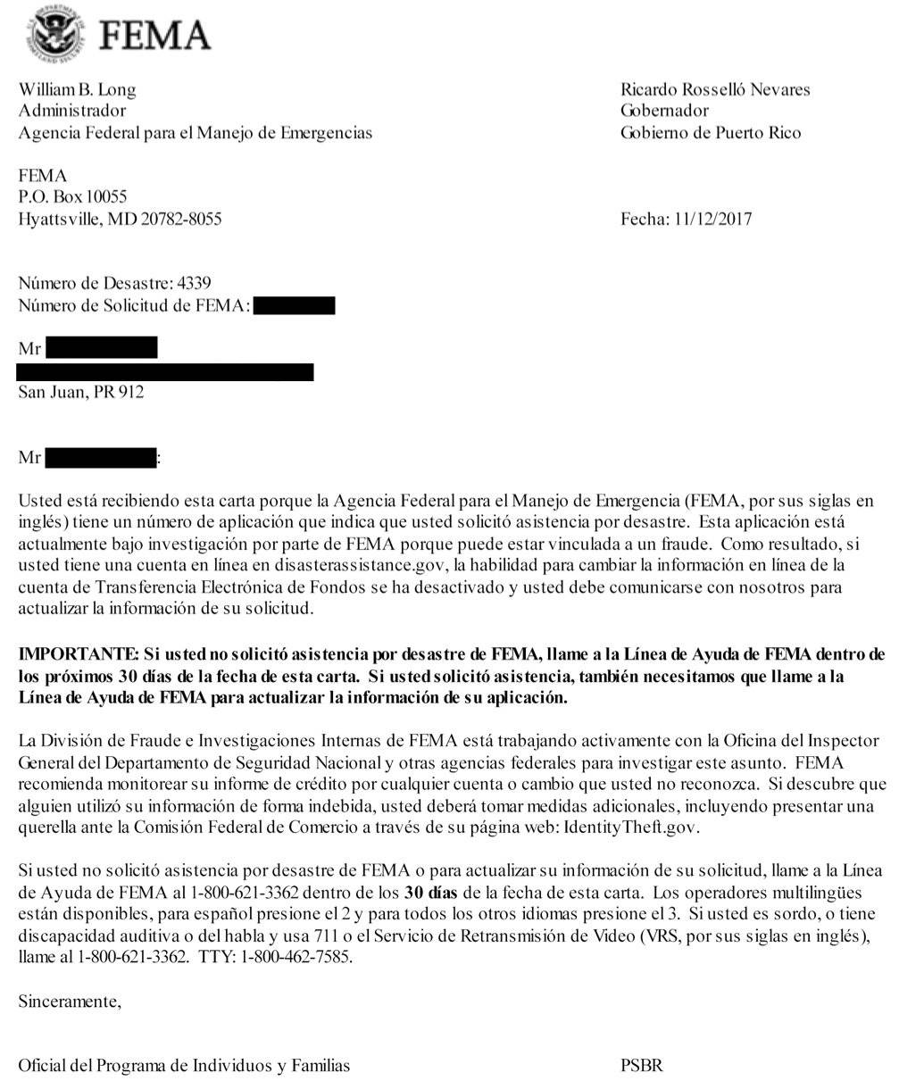 Carta de FEMA suministrada a Metro por un ciudadano.