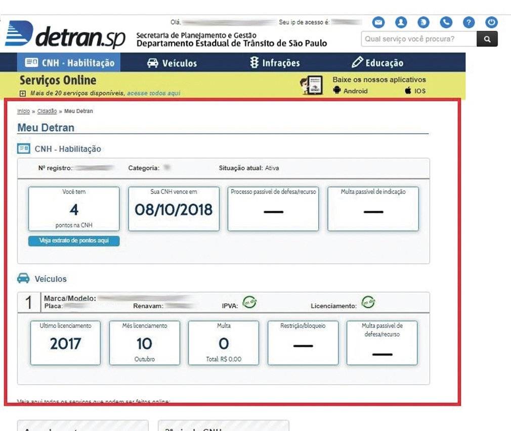 Novo painel traz os cinco principais serviços eletrônicos | reprodução/detran