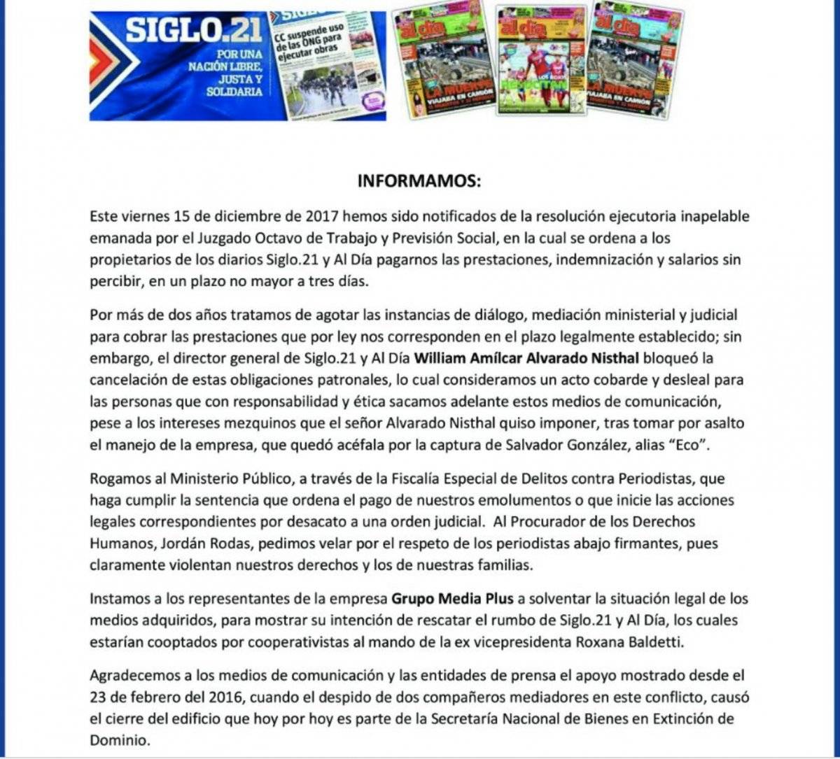 Comunicado de extrabajadores de Siglo21