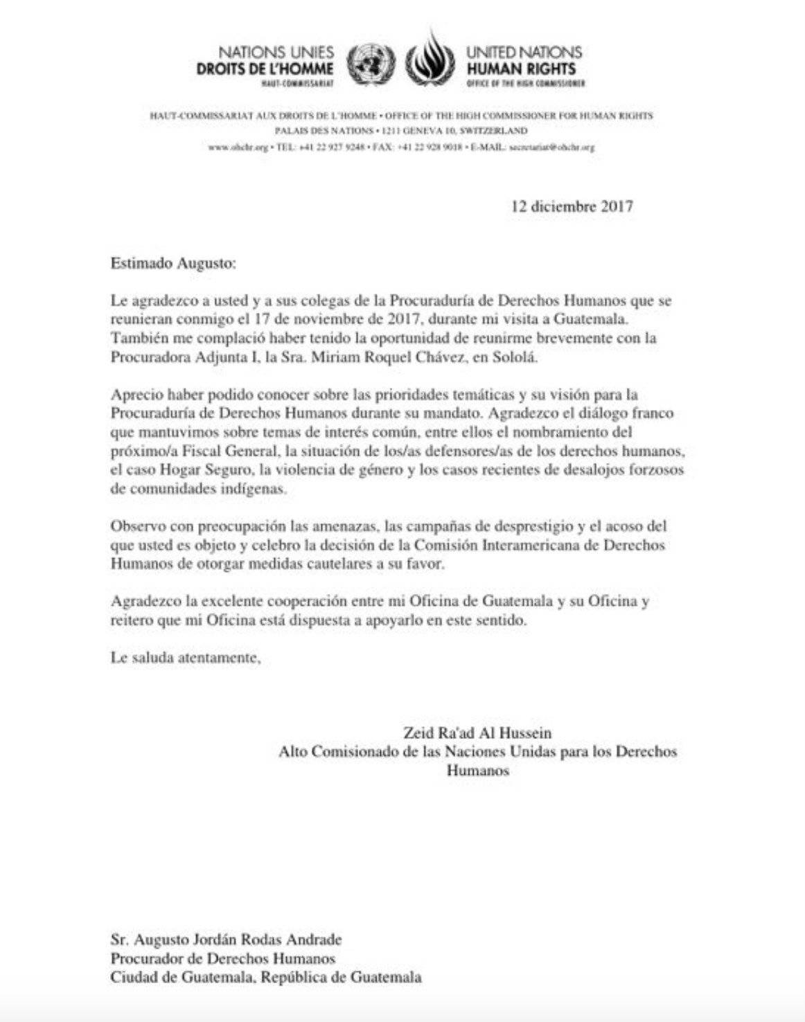 Carta del alto comisionado de los DDHH