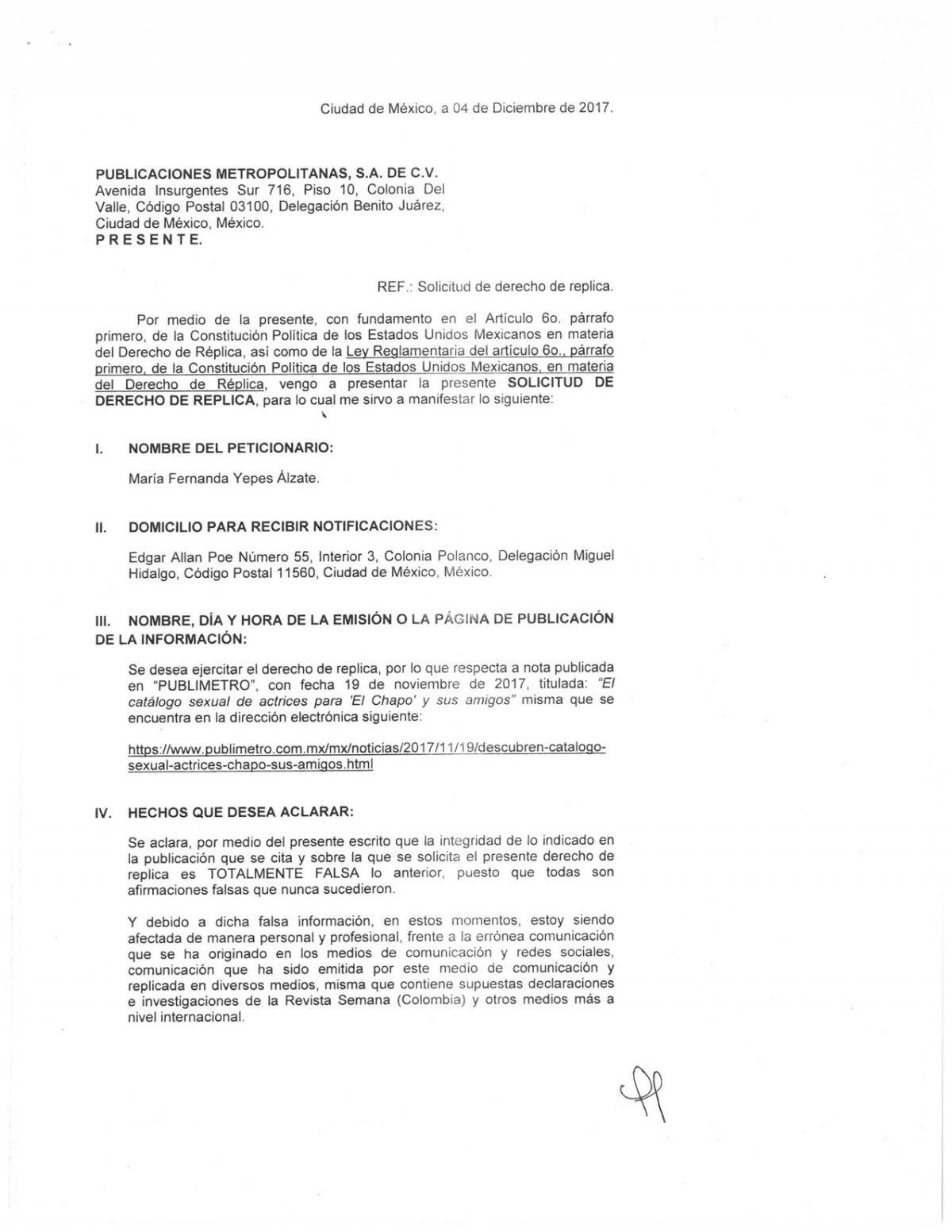 Aclaración, derecho de réplica, María Fernanda Yepes Alzate