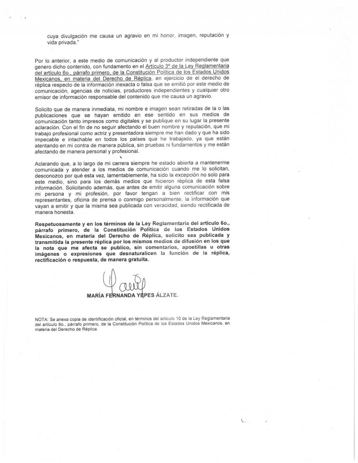 Aclaración, derecho de réplica, María Fernanda Yepes Alzate