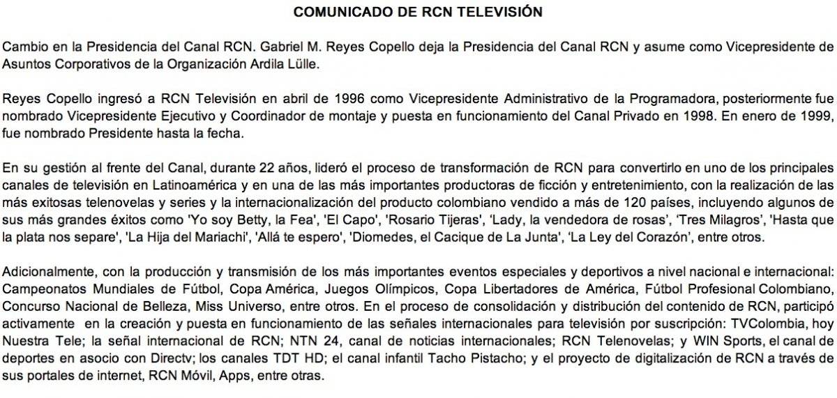 Captura de pantalla comunicado RCN