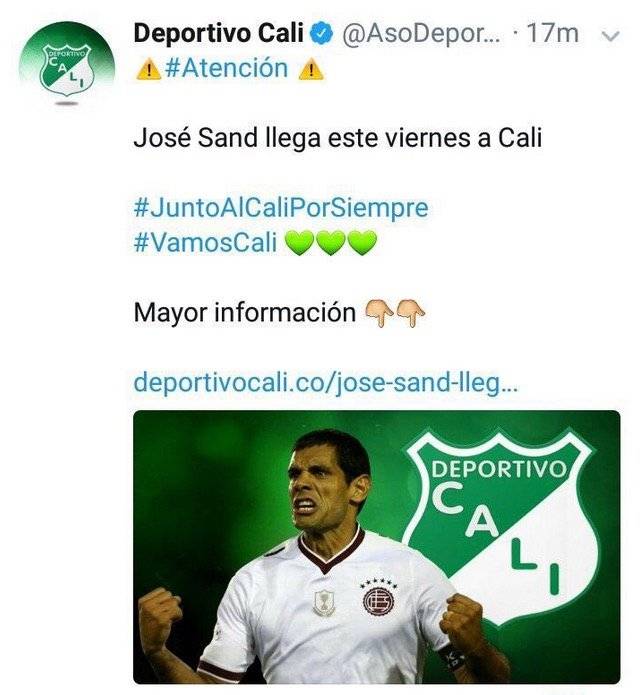 Sand siendo confirmado por Deportivo Cali este miércoles 3 de enero / Foto: Twitter