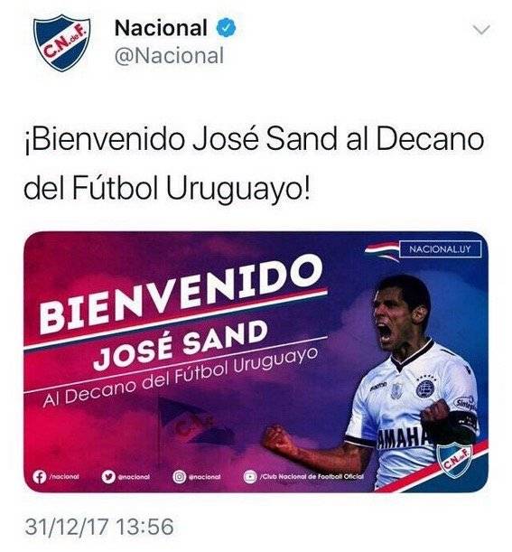 Sand siendo confirmado por Nacional el 31 de diciembre / Foto: Twitter