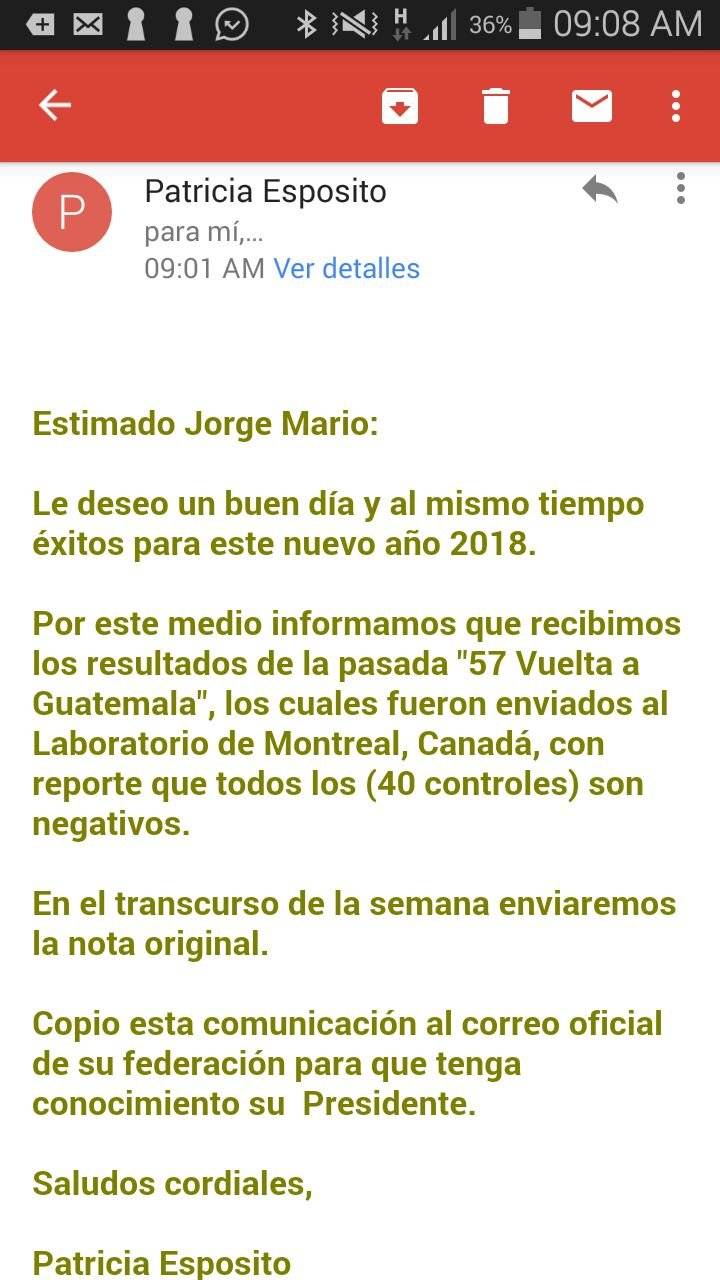 Esta es la notificación que recibió la Federación Guatemalteca de Ciclismo por parte de la ANADO