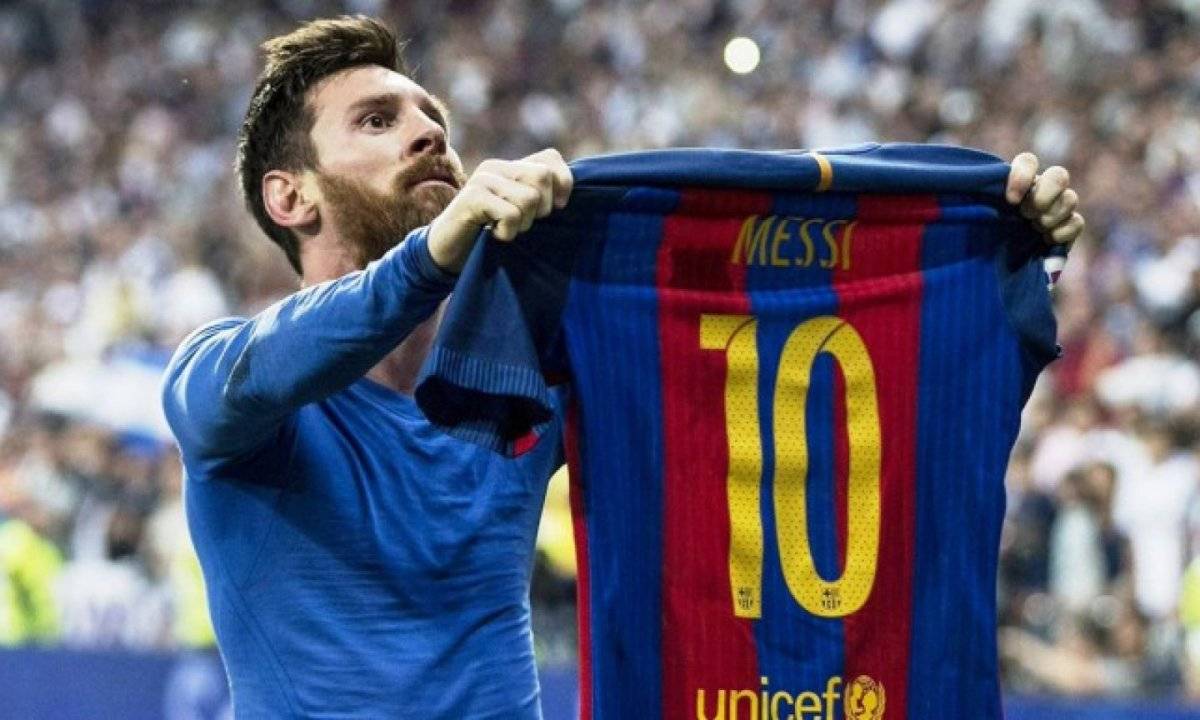 Lionel Messi en su festejo en el Santiago Bernabéu.
