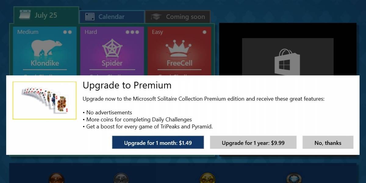 Solitario de Windows 10 es freemium con publicidad y removerla cuesta USD 1,49 mensuales