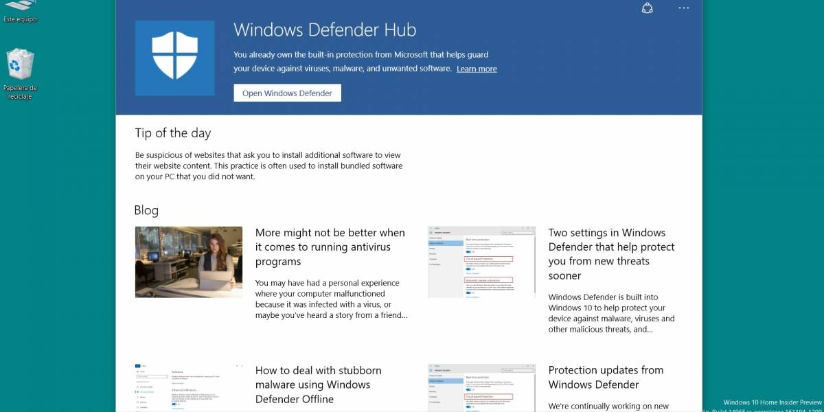 Windows Defender Hub disponible en la Tienda Windows