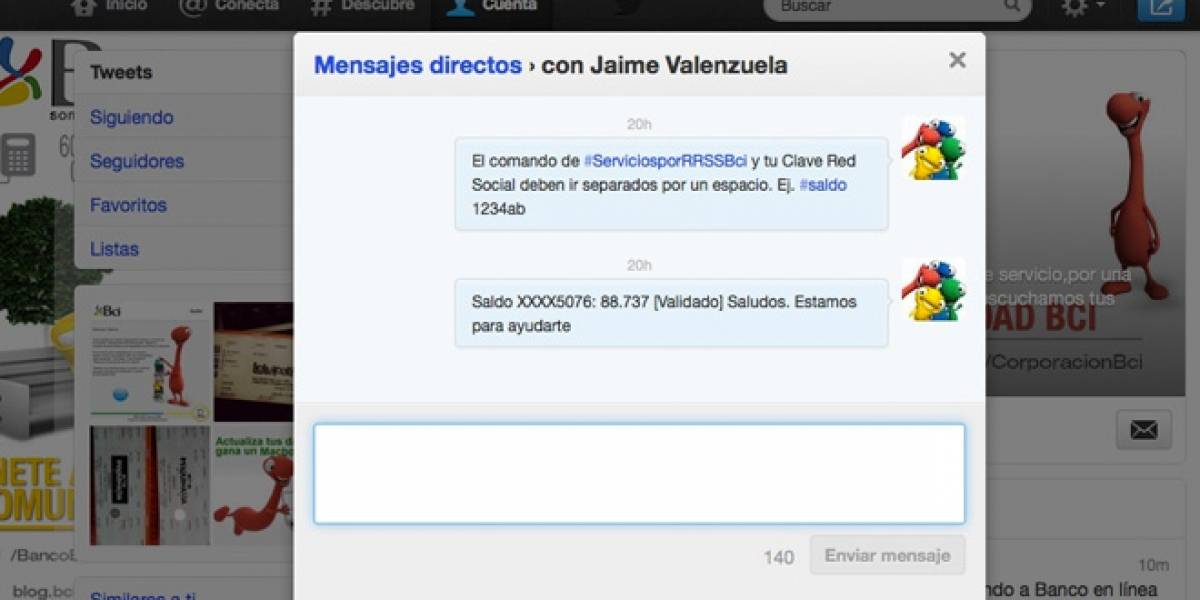 Chile: Banco BCI permitirá consultar el saldo de la cuenta corriente con un DM en Twitter