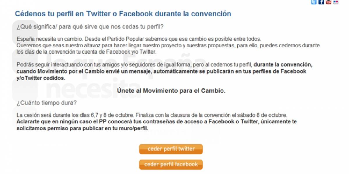 España: El PP pide a sus simpatizantes que cedan sus perfiles en Twitter y Facebook