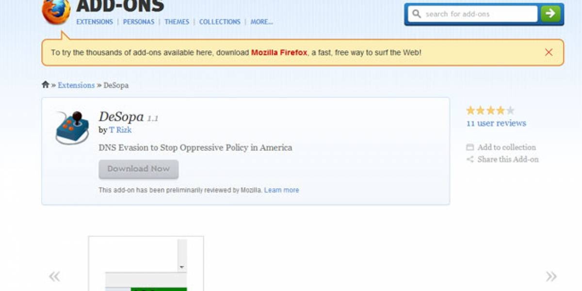 DeSOPA: Una extensión de Firefox para burlar los bloqueos que pretenden Sinde y SOPA