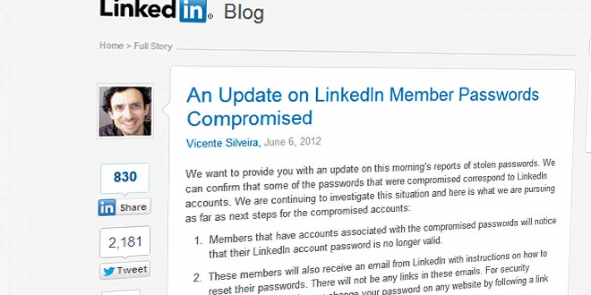 LinkedIn confirma el robo de passwords, usuarios afectados recibirán un e-mail