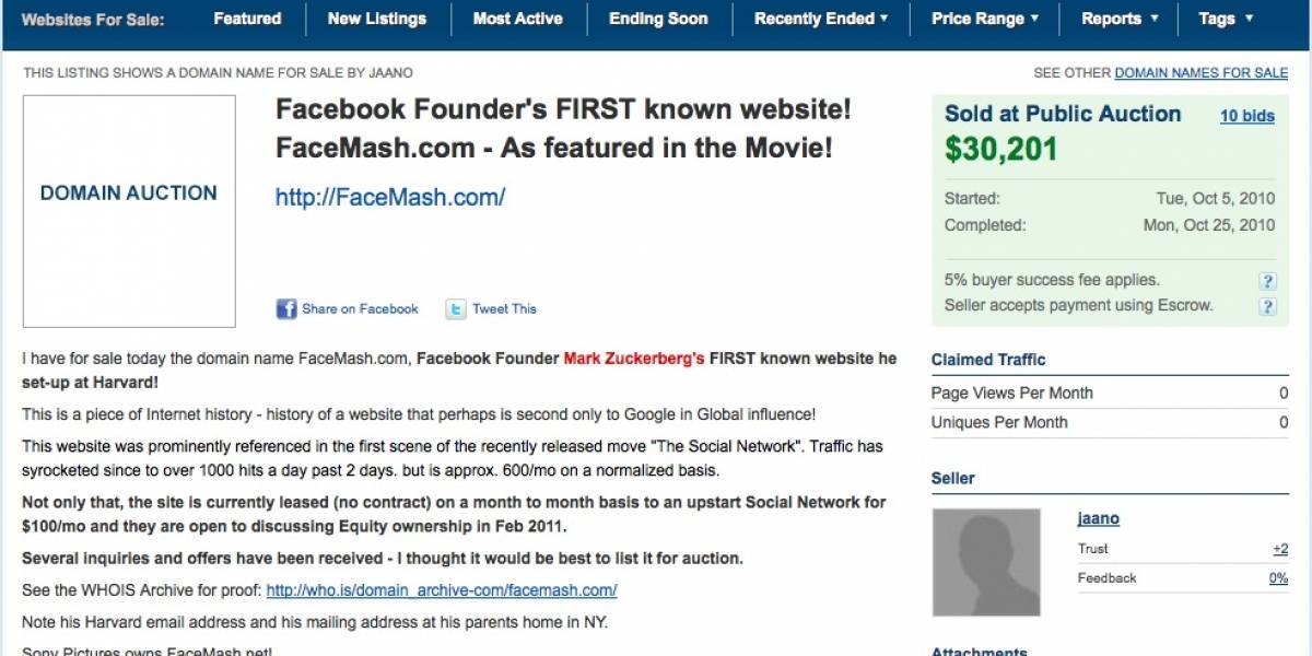 Sitio web creado por Mark Zuckerberg en la universidad se vende por US$ 30 mil