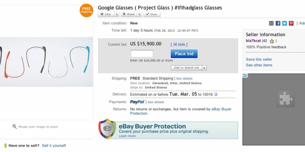 Subasta de un Google Glass por eBay alcanza los US$ 15.900 antes de desaparecer