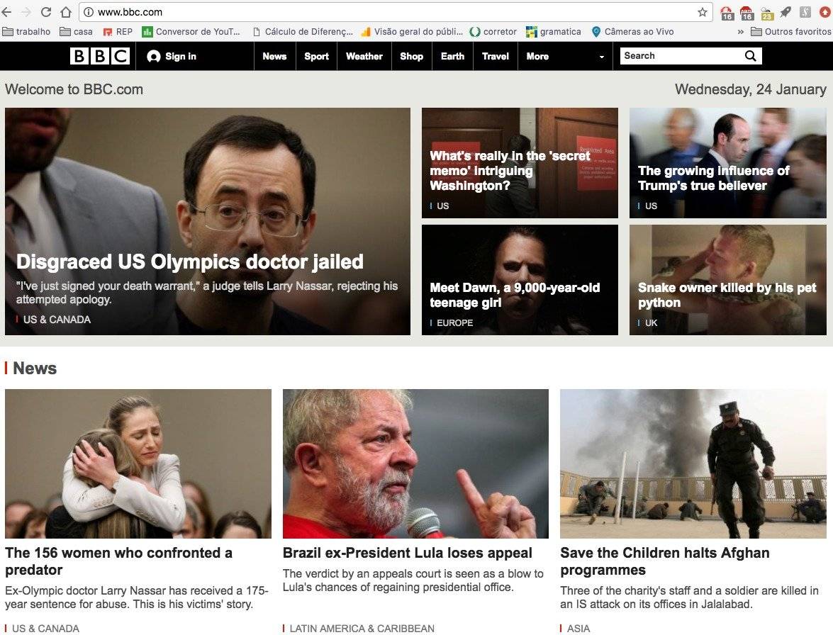 o site da "BBC" destaca a condenação de Lula em sua página principal