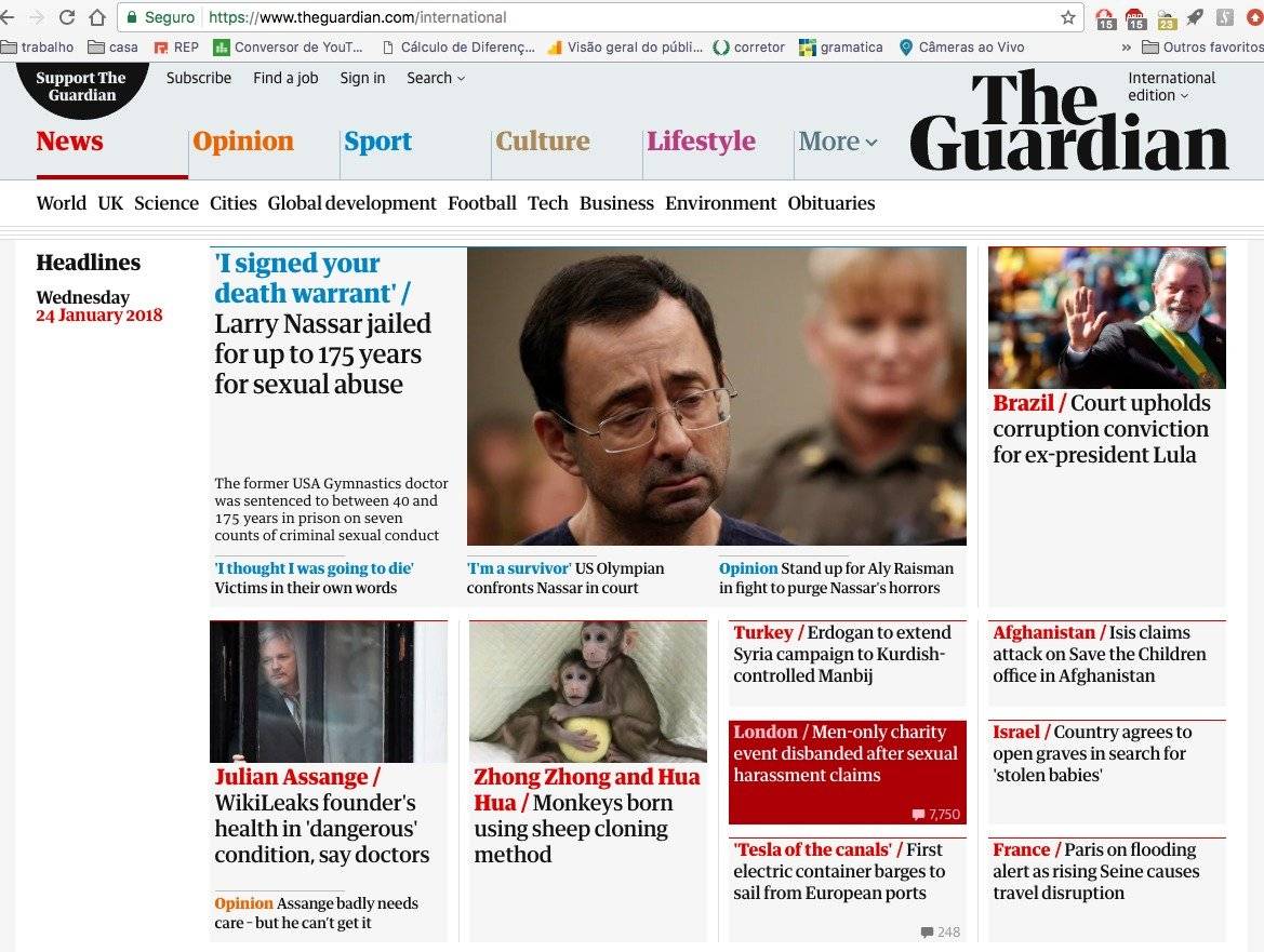 O britânico "The Guardian" traz o assunto na capa, com a notícia sendo a 9ª mais lida do portal