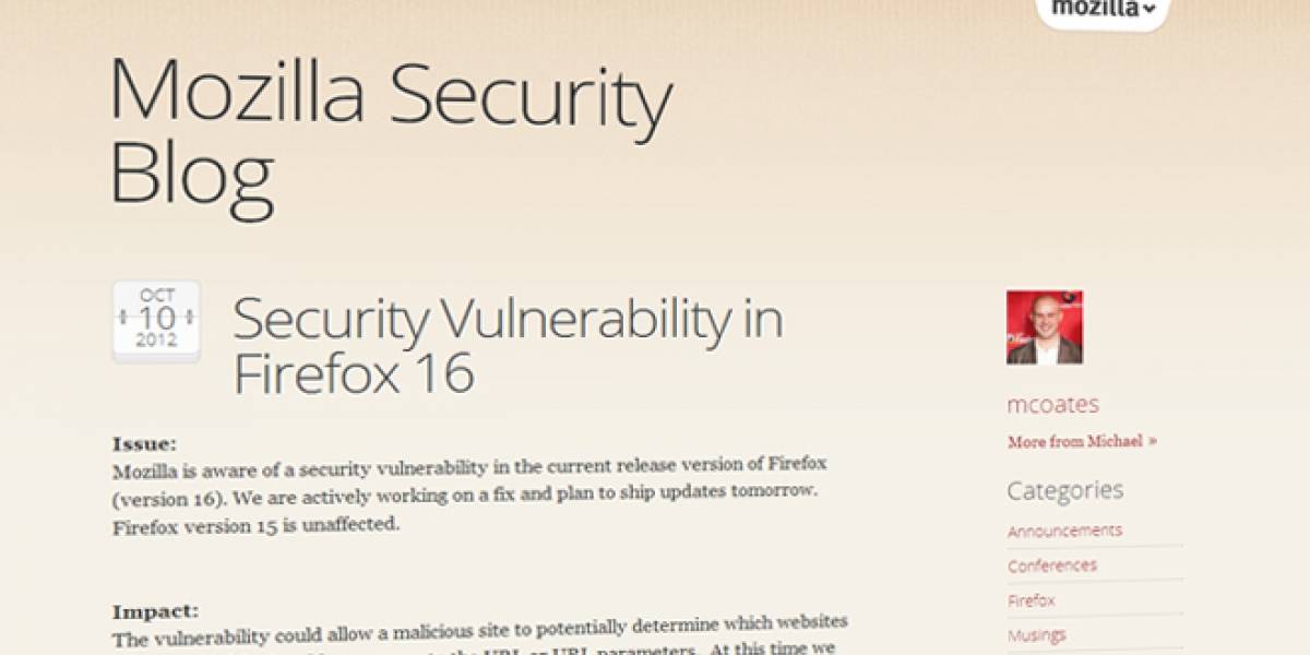 Mozilla deja de distribuir Firefox 16.0 por una vulnerabilidad de seguridad