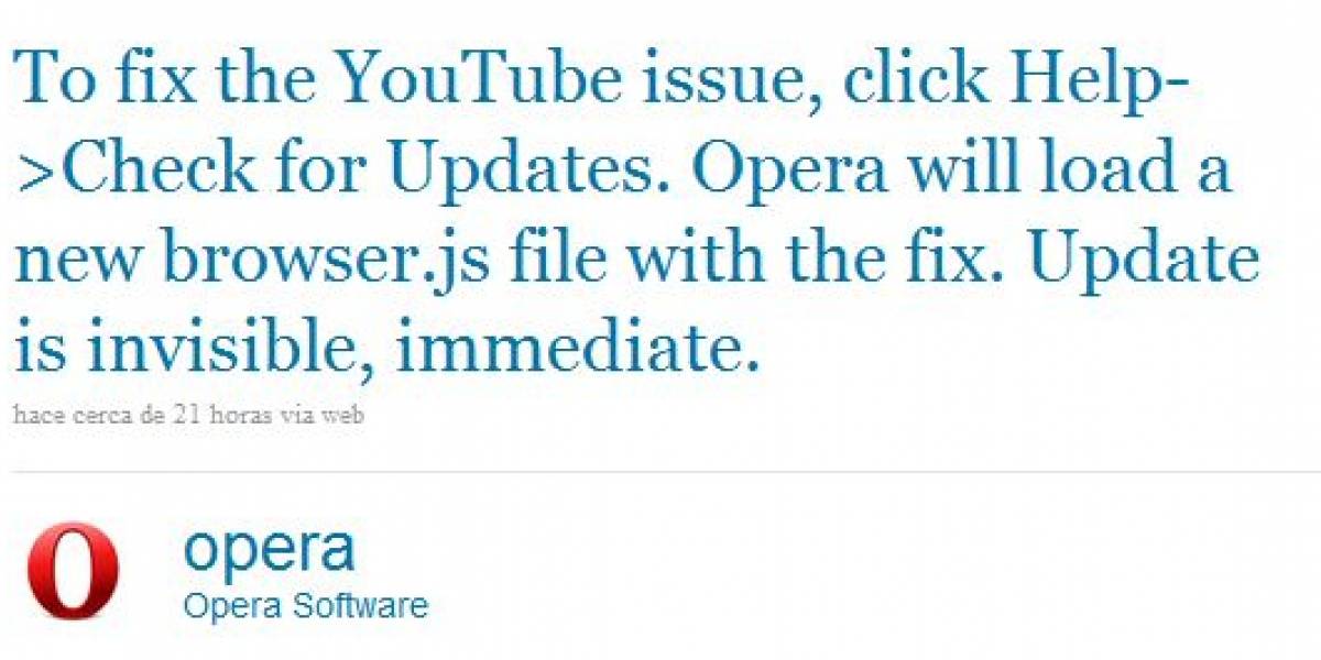 Opera resuelve problema para cargar YouTube