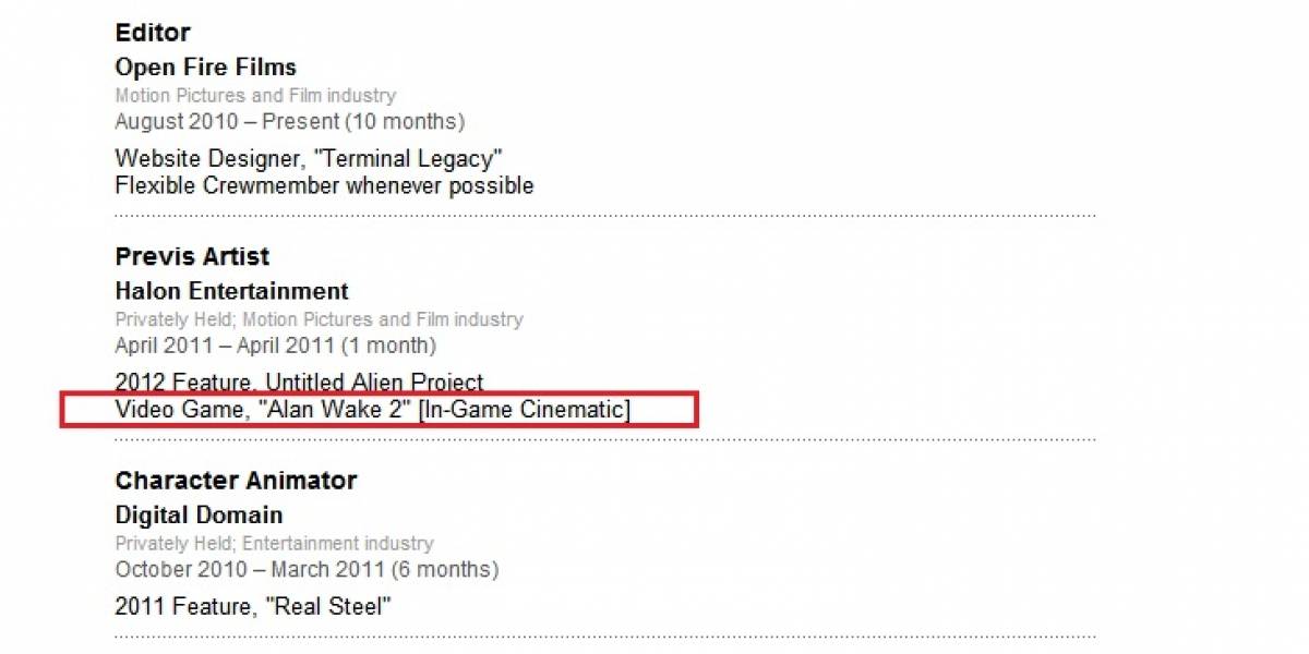 Alan Wake 2 aparece listado en un perfil de LinkedIn