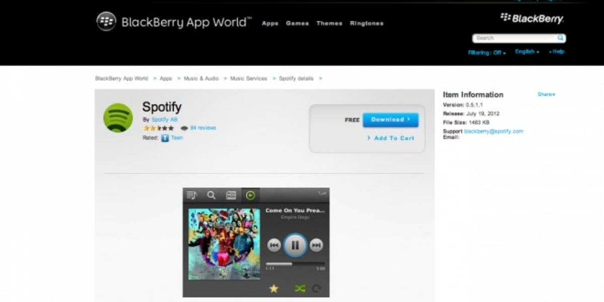 Spotify app llega a BlackBerry en 15 países