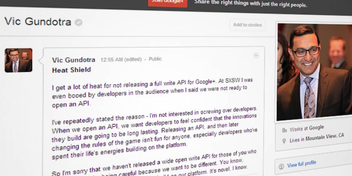 Vic Gundotra de Google+: "No estoy interesado en joder a los desarrolladores" (como Facebook)