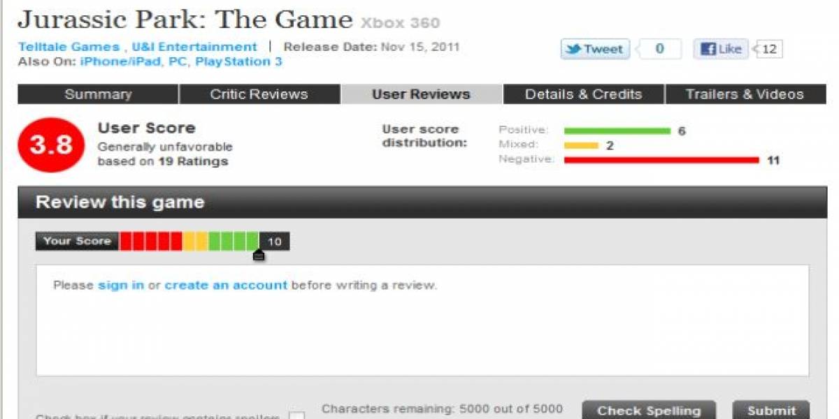 Empleados de Telltale Games le suben la nota a Jurassic Park: The Game en Metacritic