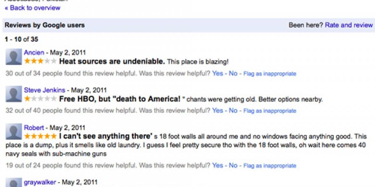 Internautas hacen reviews del escondite de Bin Laden en Google Maps