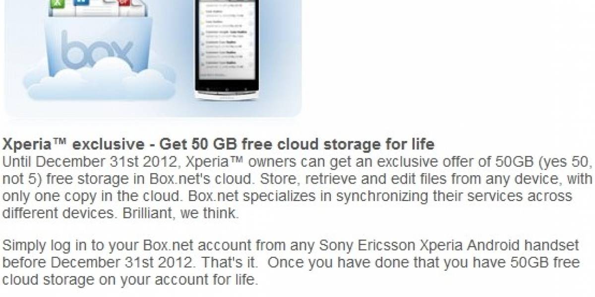 La familia Xperia y Box.net se alían para dar 50 GB de almacenamiento gratuito