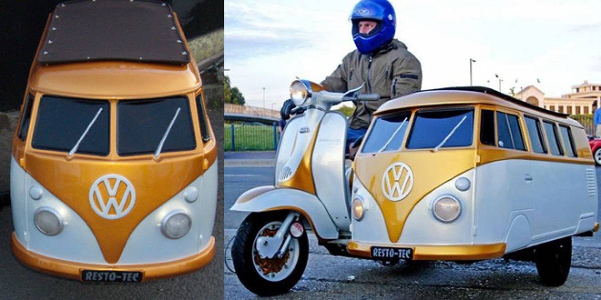 Crean un coche lateral para motocicleta con la forma de Volkswagen Camper