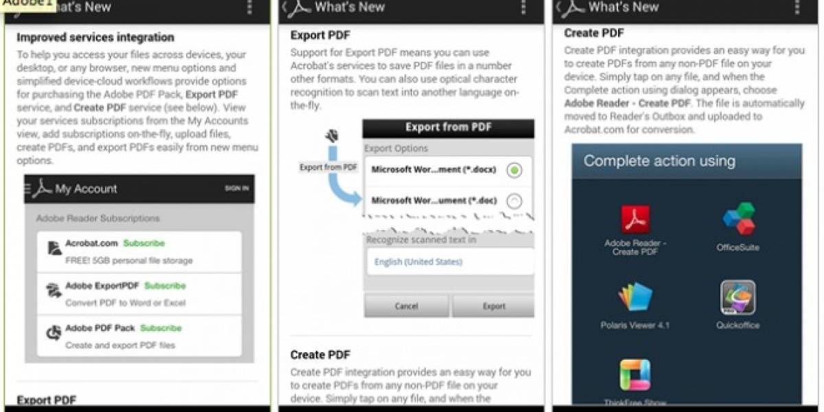 Adobe Reader para Android ahora permite la conversión de archivos .PDF