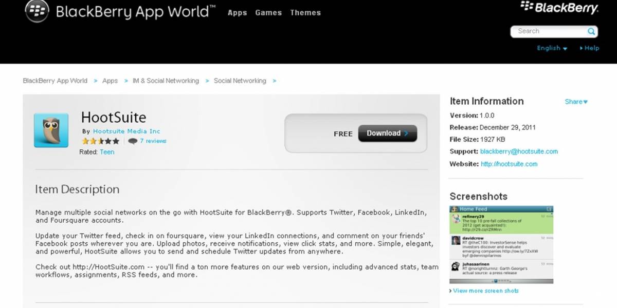 Hootsuite tiene app oficial para Blackberry