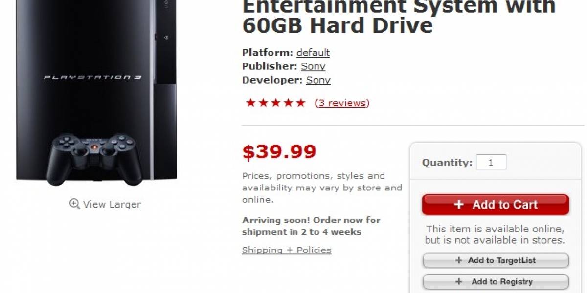 Target lista PlayStation 3 60GB a USD$40.00