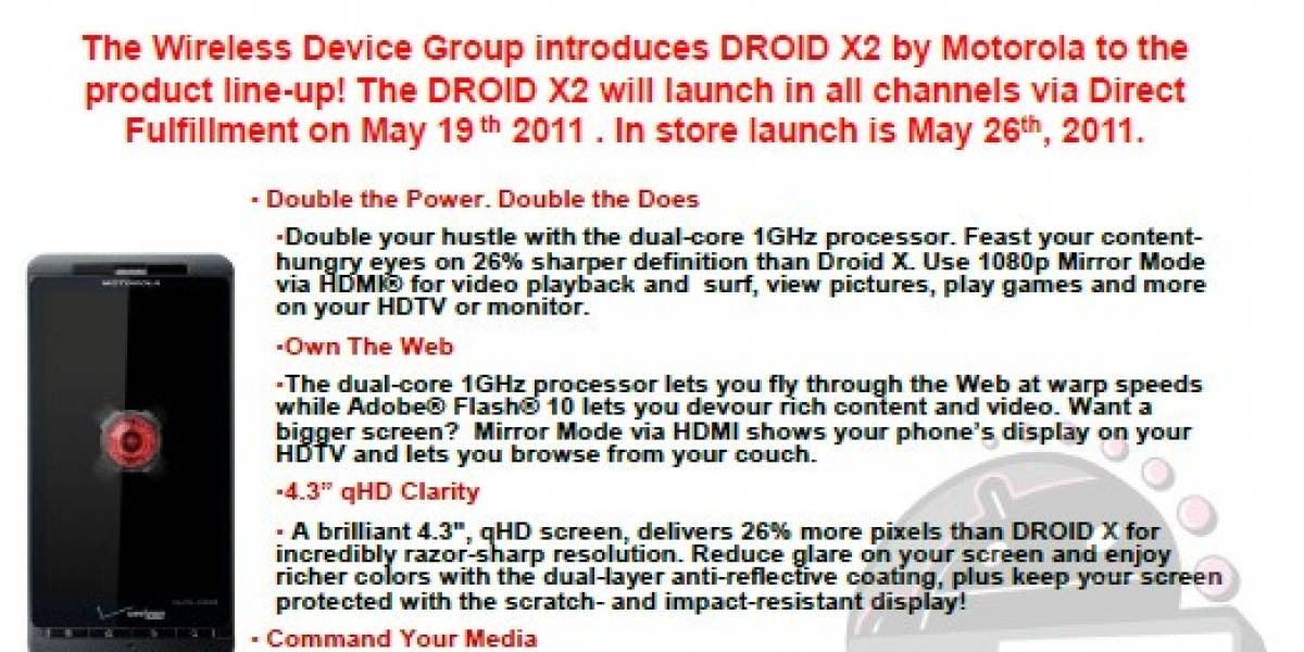 El Motorola Droid X2 llegaría a las tiendas este 26 de mayo