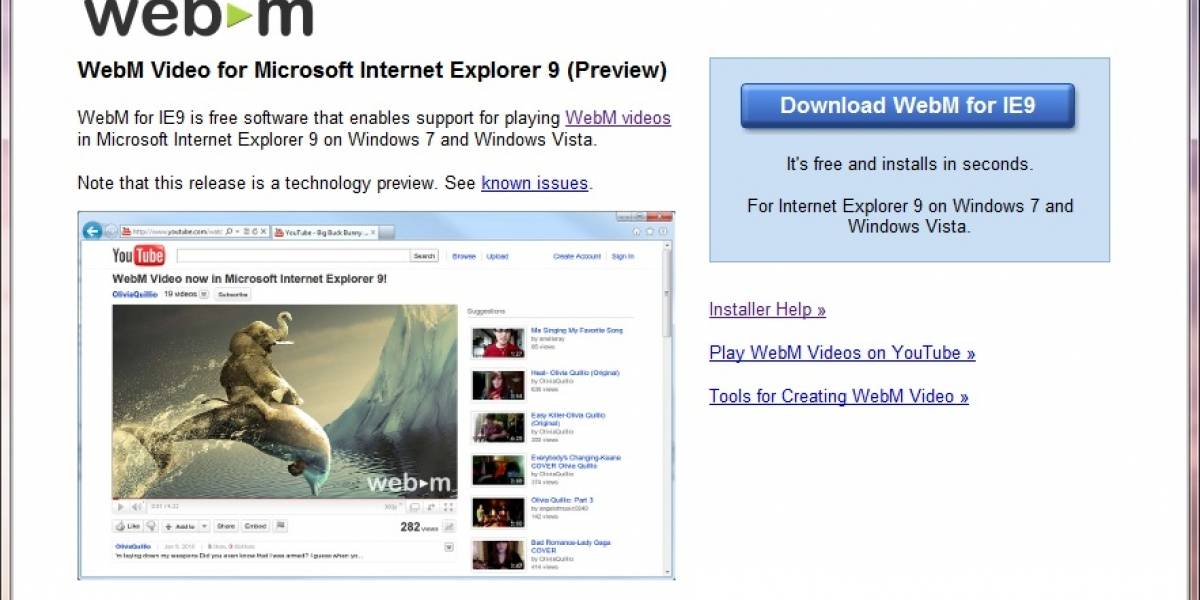 WebM para IE9 disponible, terminó más que un simple plugin