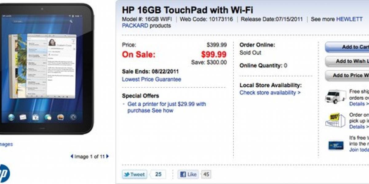 ¡Sacar a 100! HP TouchPad 16GB en oferta a tan sólo USD$99