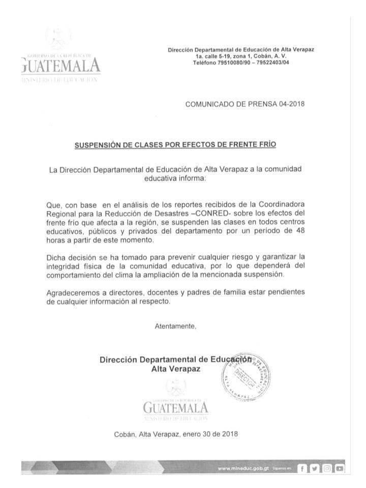 suspenden clases en Alta Verapaz