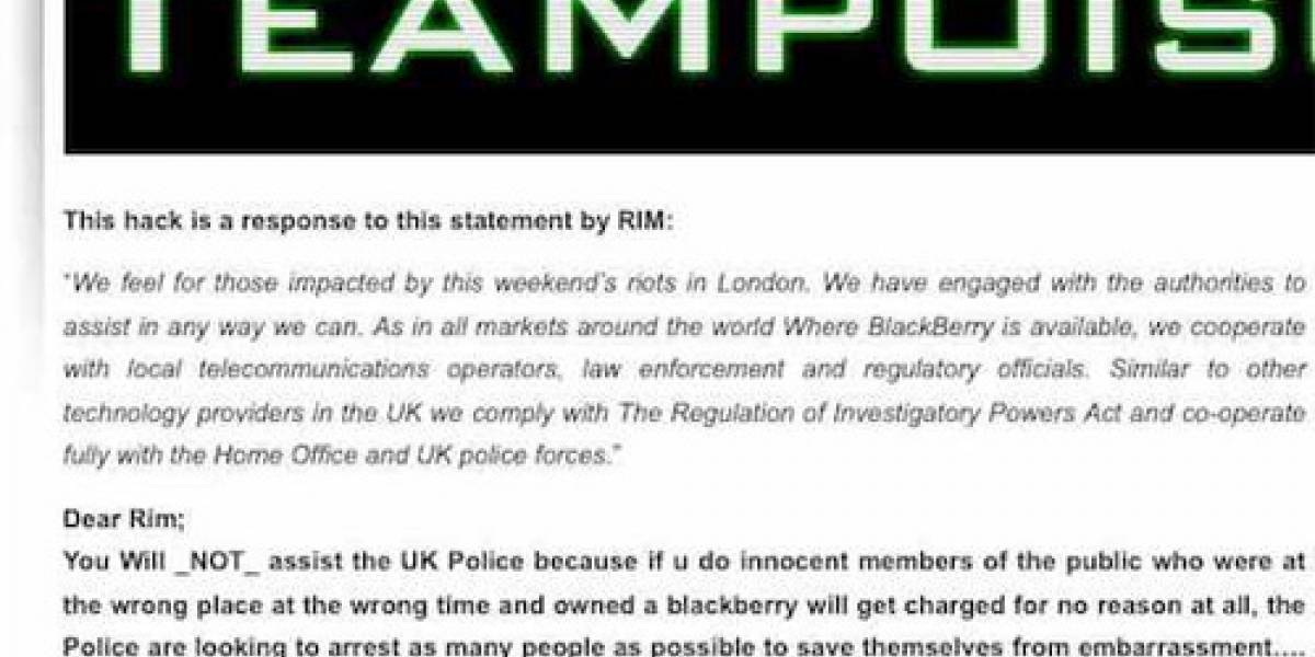 TeaMp0isoN irrumpe sitio web de RIM a favor de la libertad de los usuarios