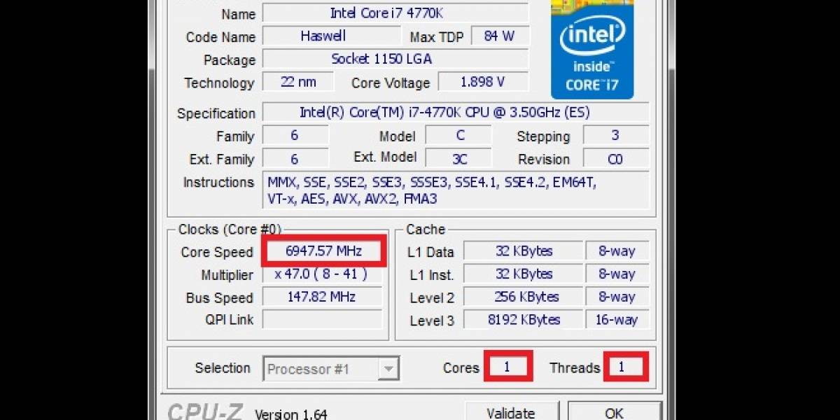 CPU Intel Core i7-4770K “Haswell-DT” es overclockeado a 6947,57MHz