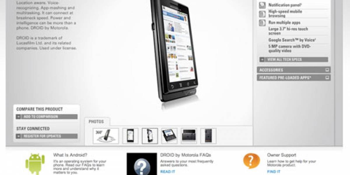 Motorola Droid llega al sitio oficial de Motorola