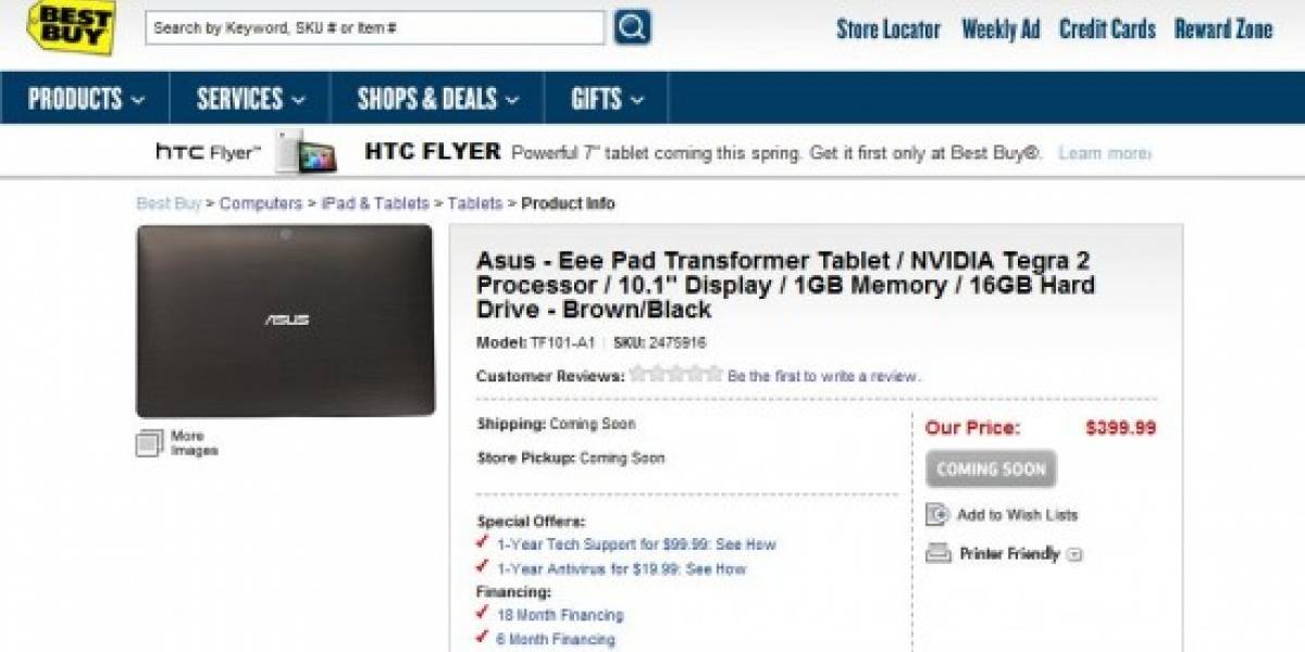 BestBuy filtró (por un rato) el precio de la EEE Pad Transformer: USD 400