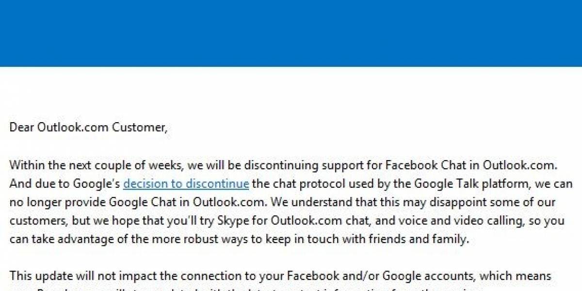 Outlook ya no soporta el chat de Facebook y Google Talk