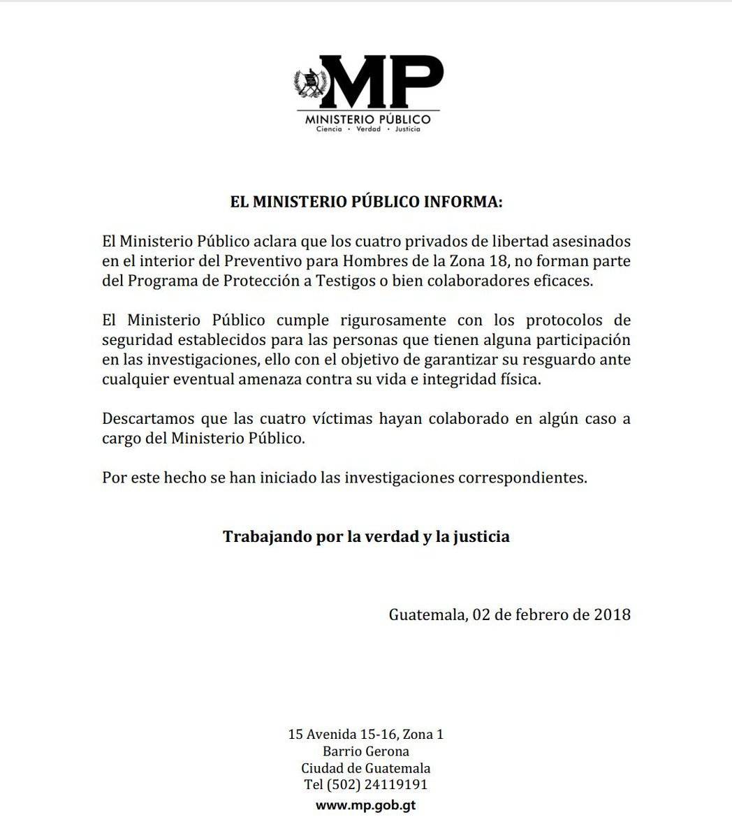 Comunicado MP por muerte de reos